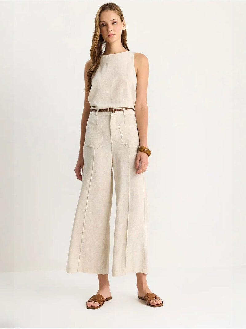 High-waist wijde pijpen enkellange broek met riem lucci Klei-beige - Kiabi