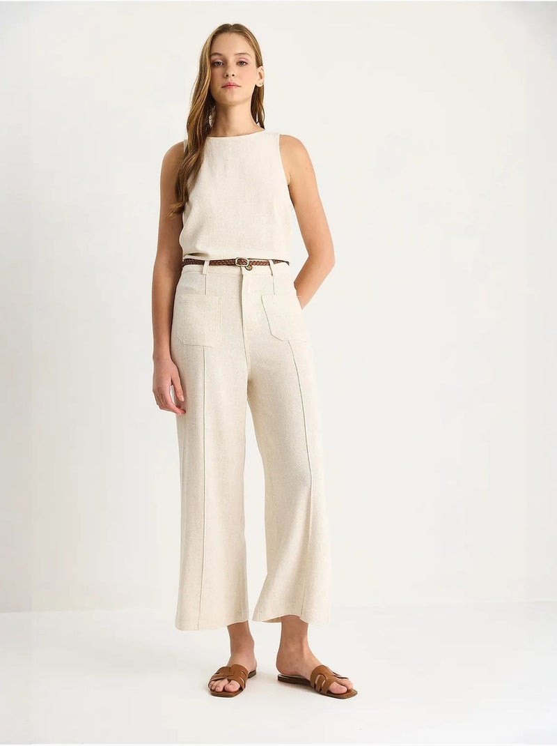 High-waist wijde pijpen enkellange broek met riem lucci Klei-beige - Kiabi