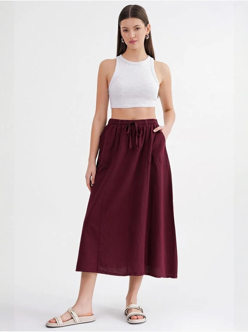 High-waisted poplin rok met trekkoorddetail mixray Bordeauxrood - Kiabi
