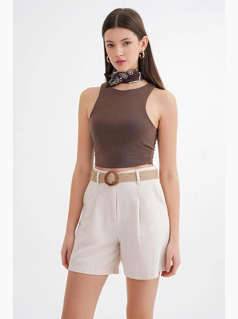 High-waisted shorts met riemdetail mixray Beige - Kiabi