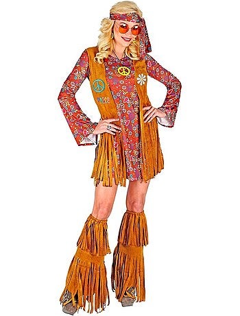 Hippiekostuum met laarzenhoezen en franjes.