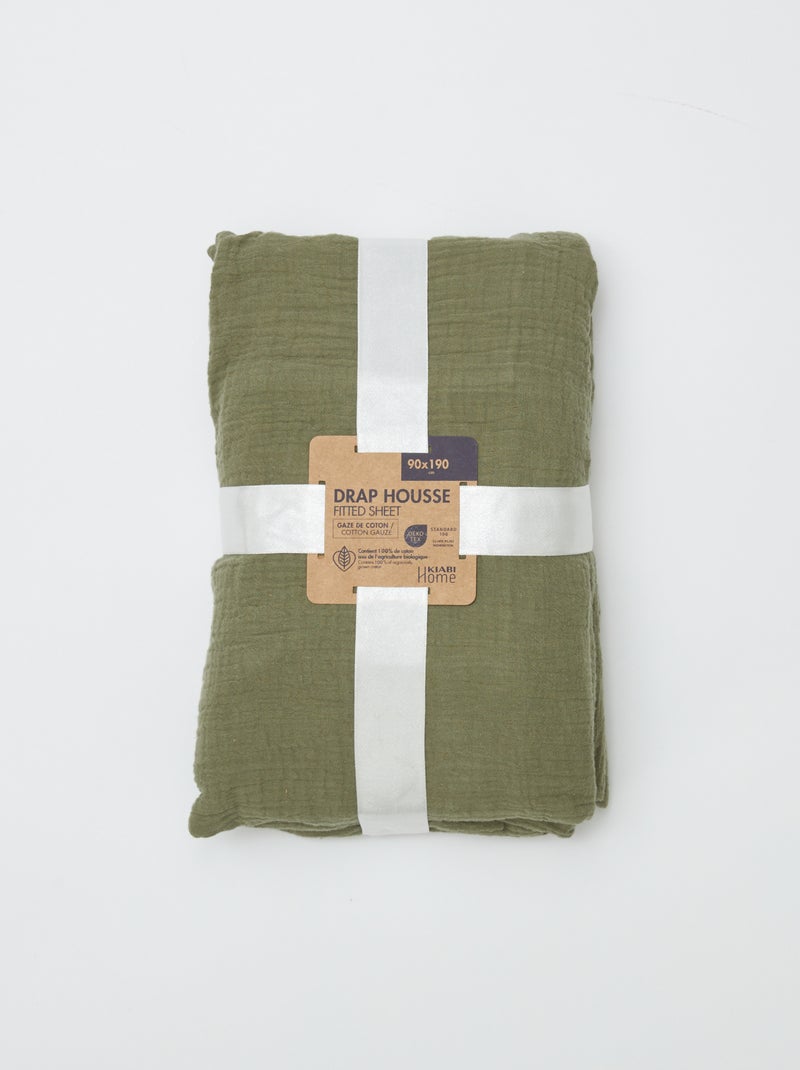 Hoeslaken 1 persoon (90x190 cm) van katoenen double gauze - Kiabi Home groen - Kiabi