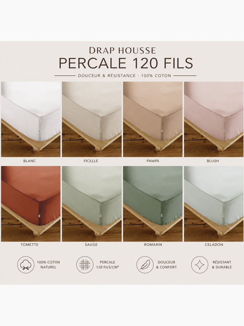 Hoeslaken katoenpercal 120 draden effen perrine Natuurlijk beige - Kiabi