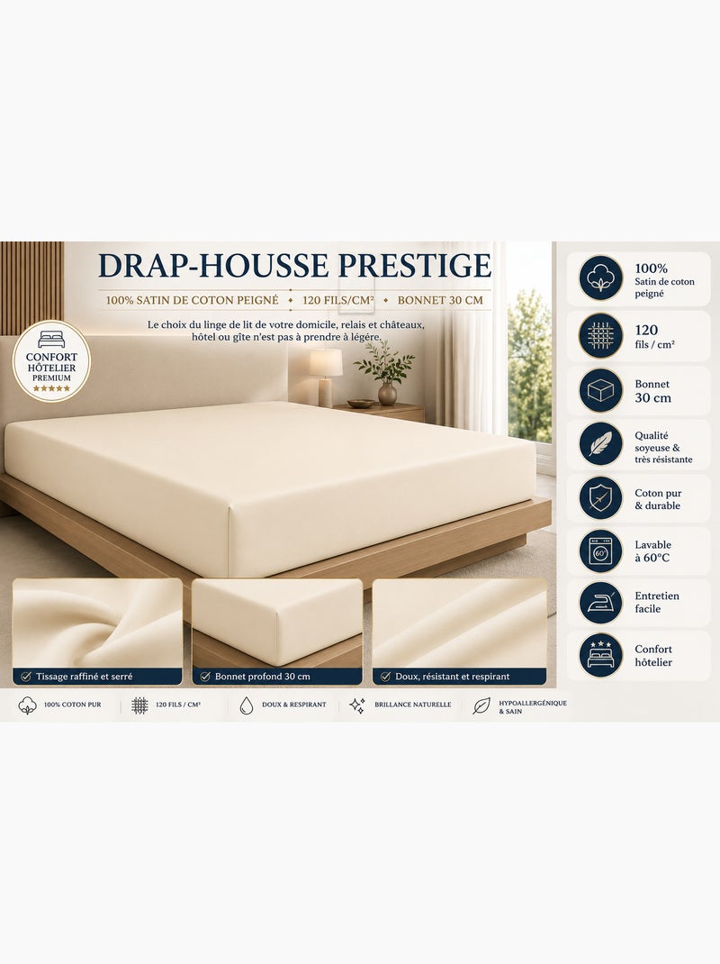 Hoeslaken – katoensatijn 120 draden/cm² – hoekhoogte 30 cm Natuurlijk beige - Kiabi