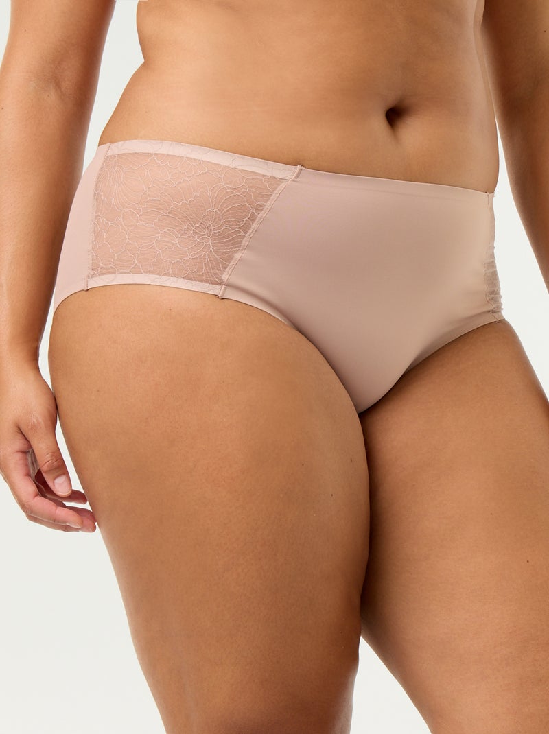 Hoge microvezel slip met kant Biege - Kiabi