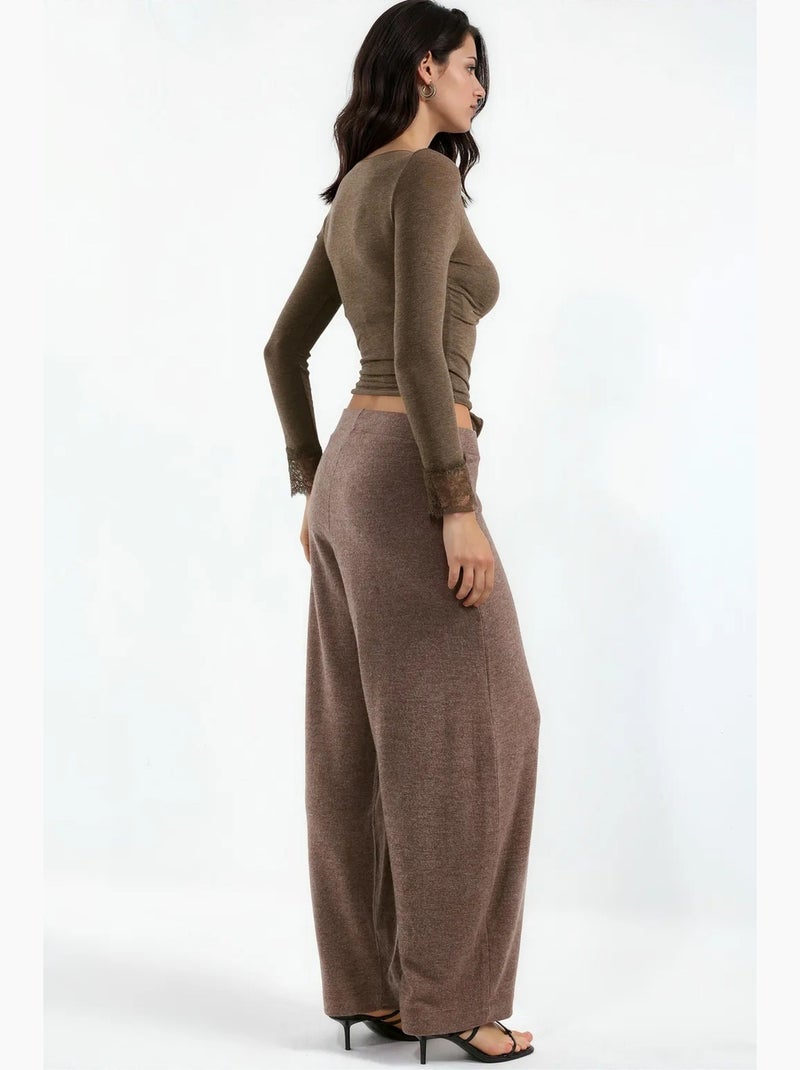Hoge taille broek met wijde pijp in crêpe busem Mauve - Kiabi