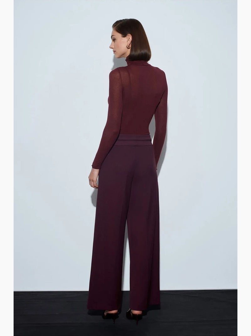 Hoge taille broek met wijde pijp in crêpe dilvin Bordeauxrood - Kiabi
