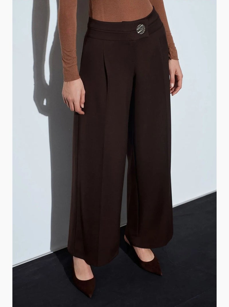 Hoge taille broek met wijde pijp in crêpe dilvin Donkerbruin - Kiabi