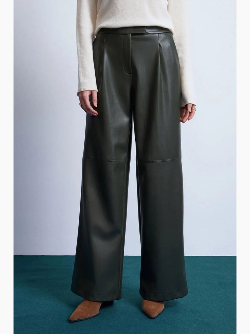 Hoge taille broek met wijde pijp in imitatieleer dilvin Donkergroen - Kiabi