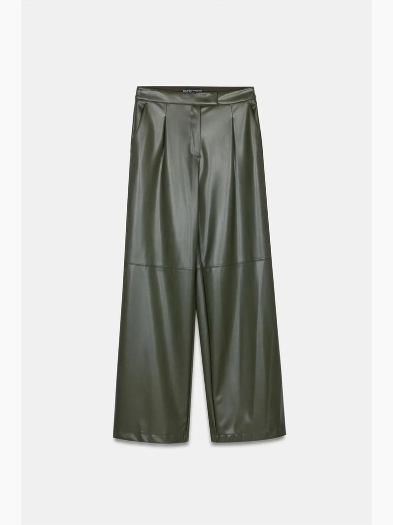 Hoge taille broek met wijde pijp in imitatieleer dilvin Donkergroen - Kiabi