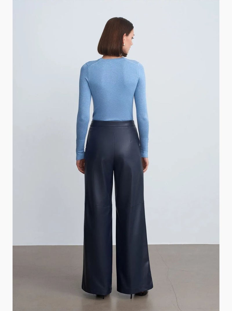 Hoge taille broek met wijde pijp in imitatieleer dilvin Marineblauw - Kiabi
