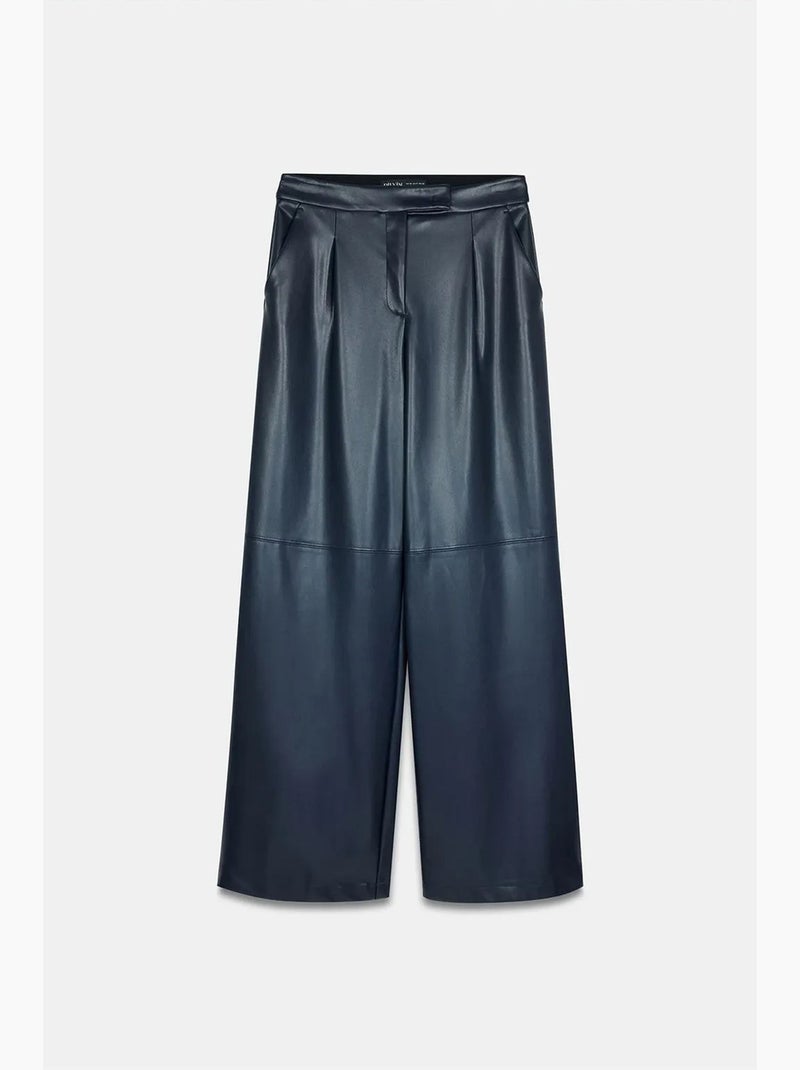 Hoge taille broek met wijde pijp in imitatieleer dilvin Marineblauw - Kiabi