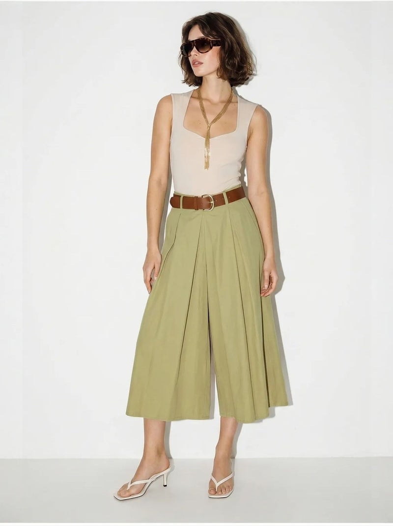 Hoge taille culotte met wijde pijp en plooien lucci Kaki - Kiabi
