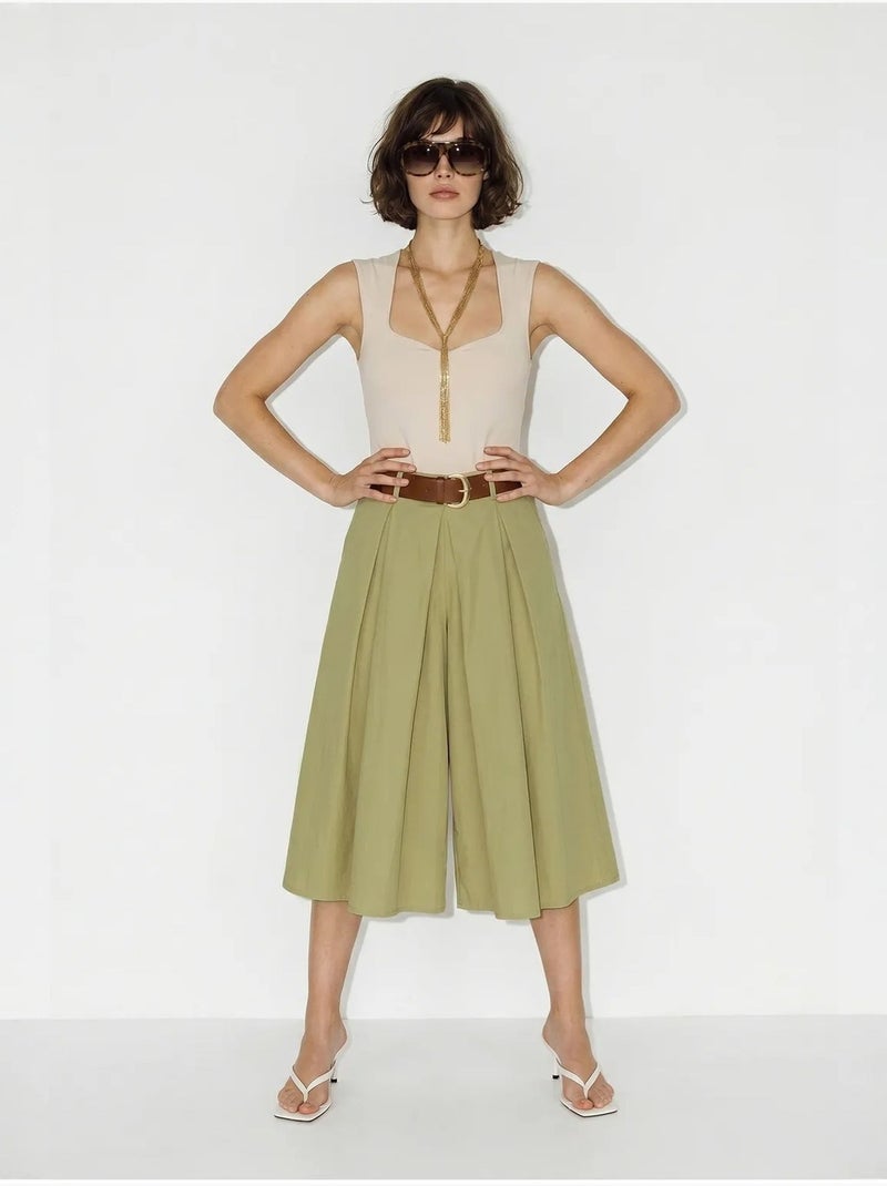 Hoge taille culotte met wijde pijp en plooien lucci Kaki - Kiabi