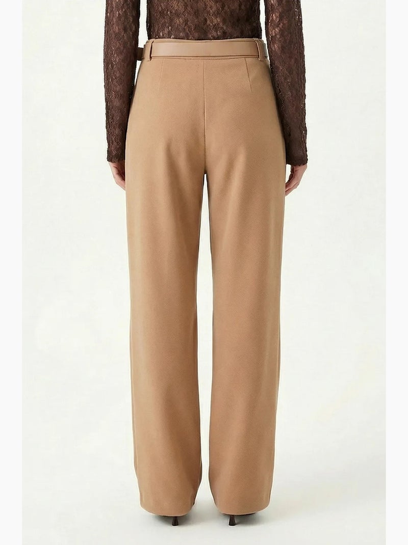 Hoge taille, getextureerde, wijde pijpenbroek met gesp istanbul Lichtbeige - Kiabi