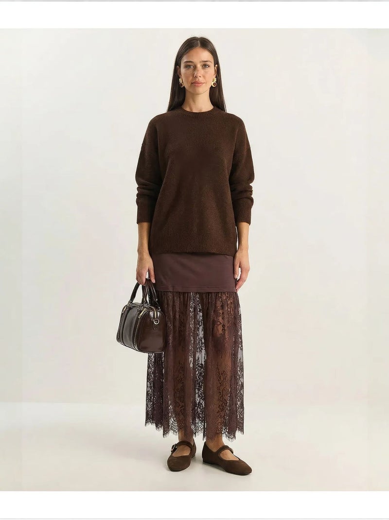 Hoge taille kant maxi rok lucci Chocoladebruin - Kiabi