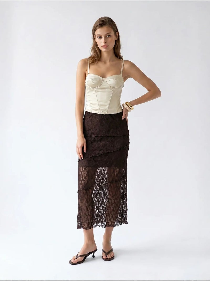 Hoge taille kanten midi rok mixray Chocoladebruin - Kiabi