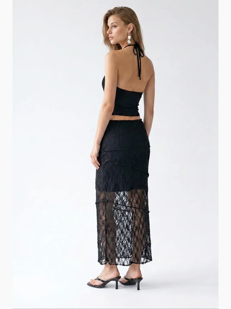 Hoge taille kanten midi rok mixray Zwart - Kiabi