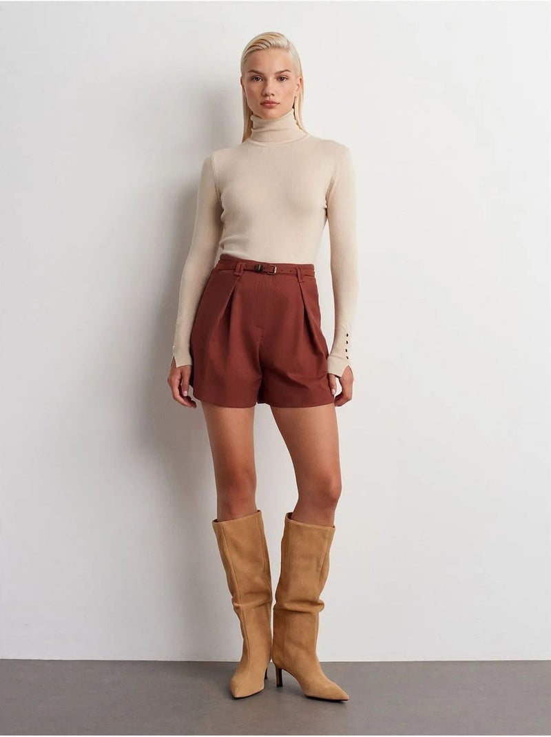 Hoge taille short met ceintuur en wijde pijp dilvin Terracotta - Kiabi