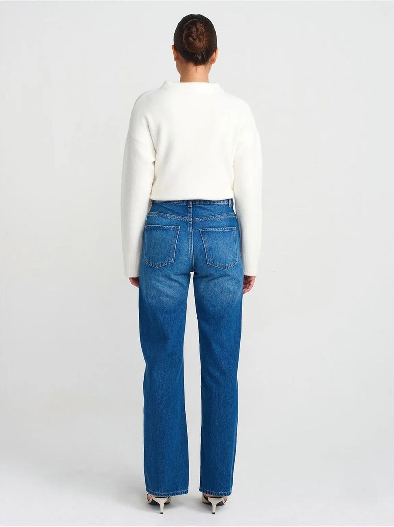 Hoge taille straight jeans van katoen dilvin Saffierblauw - Kiabi