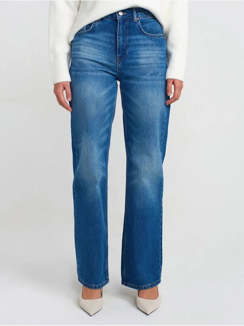 Hoge taille straight jeans van katoen dilvin Saffierblauw - Kiabi