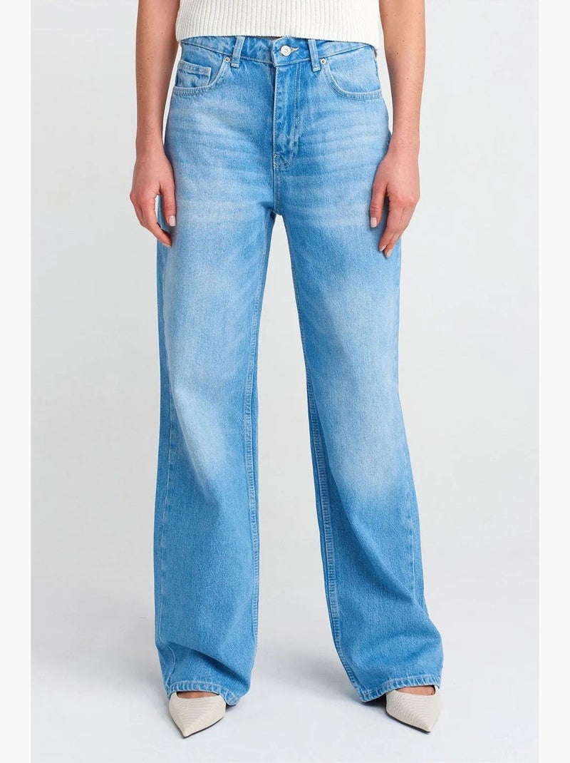 Hoge taille wide-leg jeans van katoen dilvin Saffierblauw - Kiabi