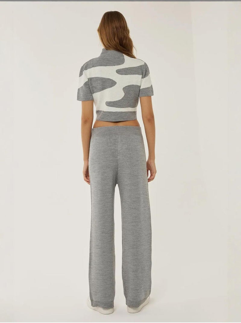 Hoge taille wijde gebreide broek Grijs - Kiabi