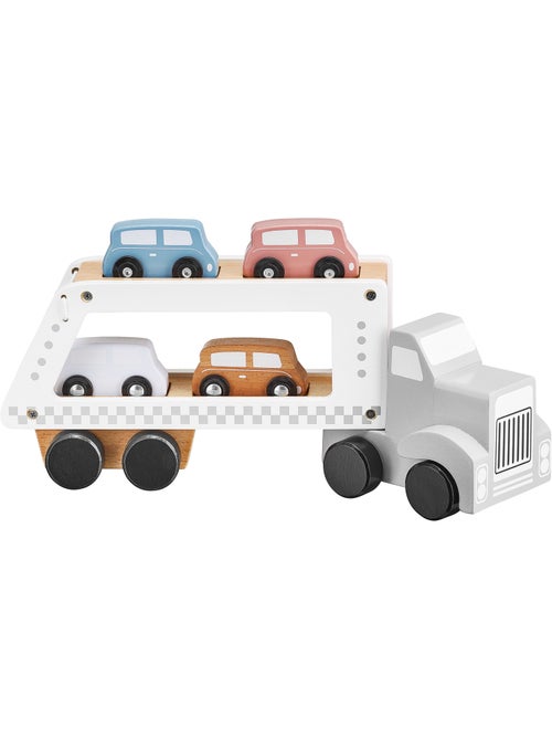 Holz-autotransporter mit 4 autos und absenkbarer rampe – pastellfarben - Kiabi Holz-autotransporter mit 4 autos und absenkbarer rampe – pastellfarben - Kiabi