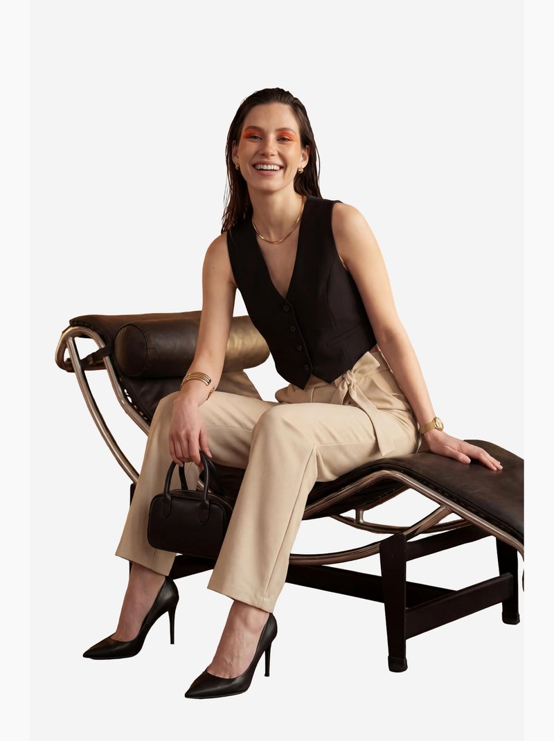 Hoog getailleerde, wijde broek met ceintuur my fashion Klei-beige - Kiabi