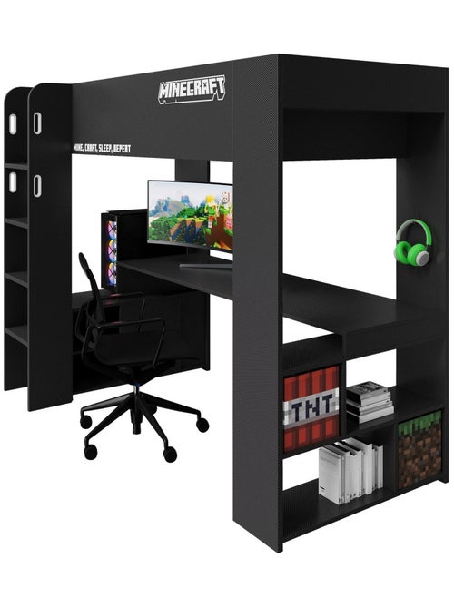 Hoogslaper 90 x 200 met bureau en LED-verlichting 'Roba' - Minecraft - Kiabi