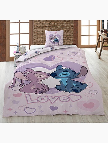 Housse Couette Disney Stitch & Angel 140x200cm + Taie 65x65cm – Love Rose – Polycoton