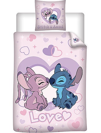 Housse Couette Disney Stitch & Angel 140x200cm + Taie 65x65cm – Love Rose – Polycoton