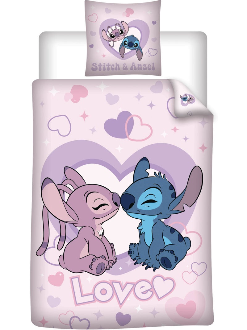 Housse Couette Disney Stitch & Angel 140x200cm + Taie 65x65cm – Love Rose – Polycoton Beige/Rose - Kiabi