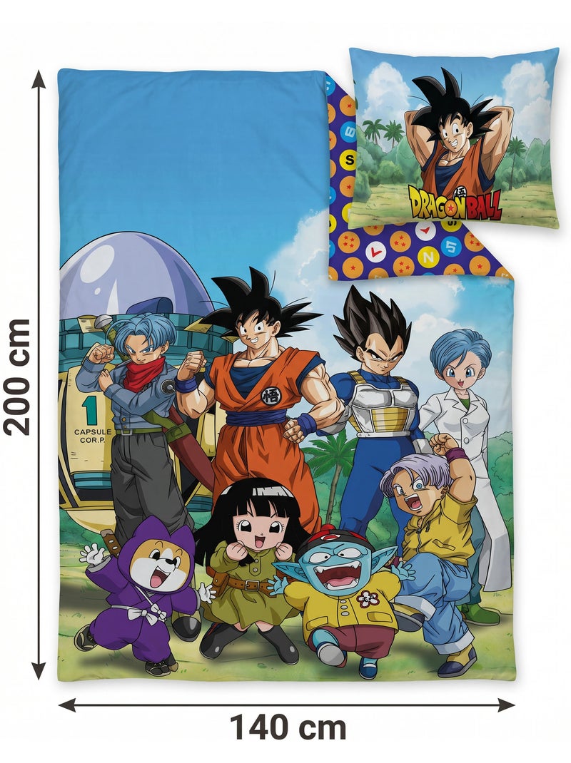 Housse Couette Dragon Ball 140x200cm + Taie 65x65cm – Goku Vegeta – Polycoton – Licence Officielle Beige/Vert/Bleu - Kiabi