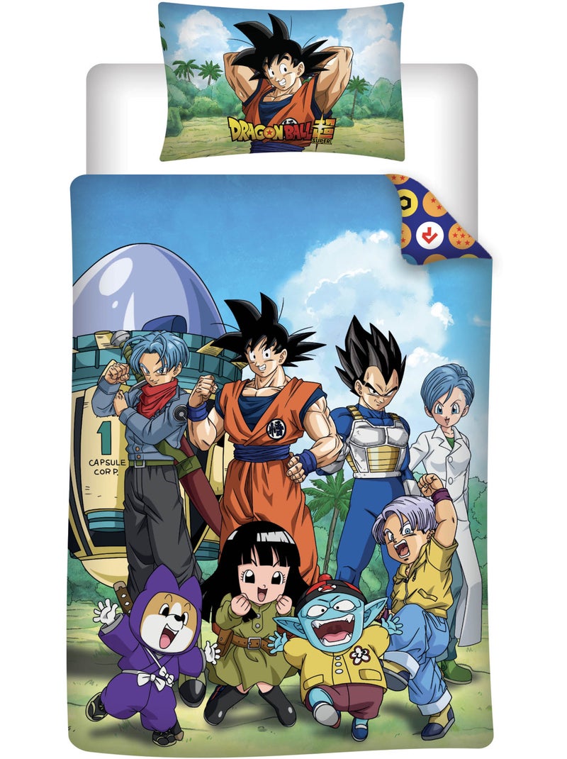 Housse Couette Dragon Ball 140x200cm + Taie 65x65cm – Goku Vegeta – Polycoton – Licence Officielle Beige/Vert/Bleu - Kiabi
