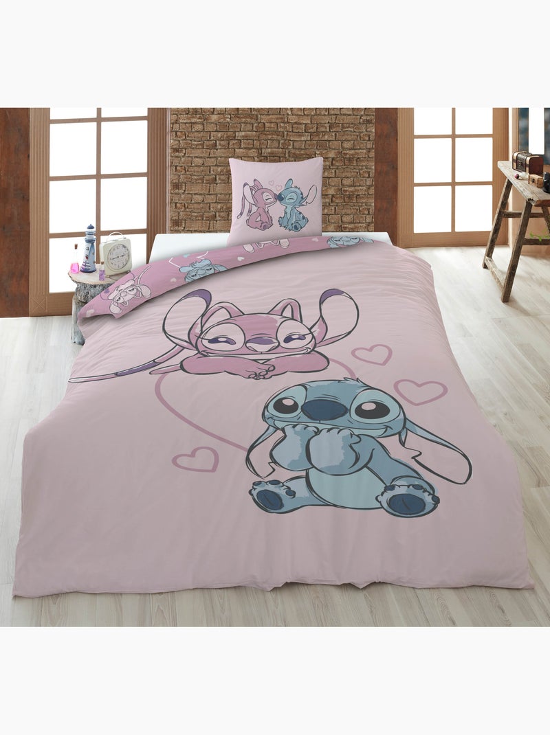 Housse Couette Flanelle Disney Stitch & Angel 140x200cm + Taie – Touché Doux Chaud Beige/Rose - Kiabi