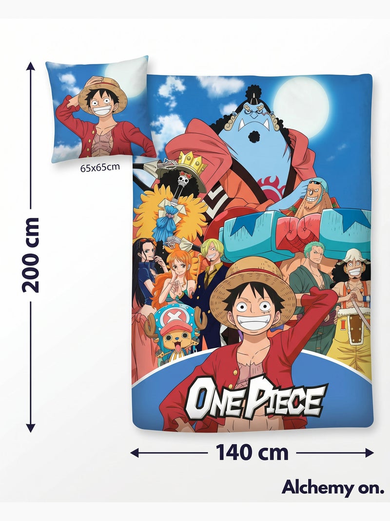 Housse Couette One Piece Équipage 140x200cm + Taie 65x65cm – Luffy Zoro Nami – Polycoton – Licence O Noir Beige Bleu - Kiabi