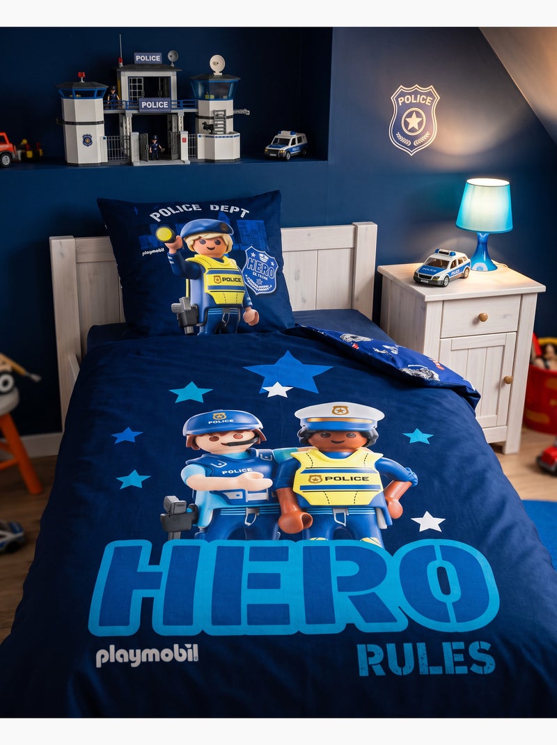 Housse Couette Playmobil Police 140x200cm + Taie 65x65cm – Hero Rules – Polycoton – Licence Officiel Noir Bleu - Kiabi