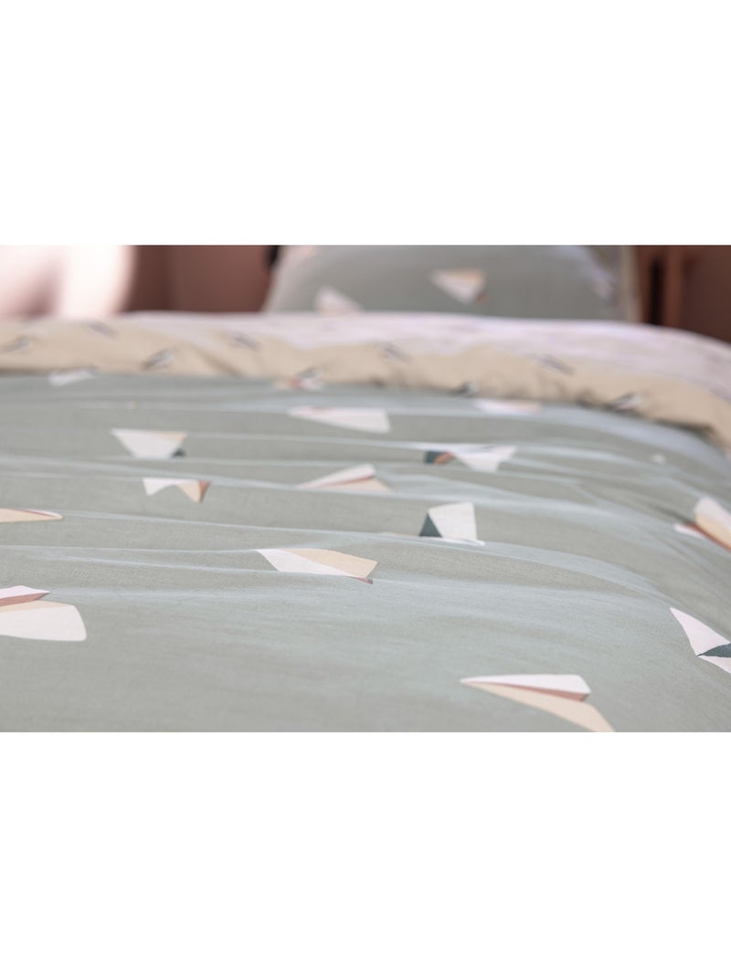 Housse de couette + 1 taie d’oreiller – coton 57 fils – petits papiers Vert - Kiabi
