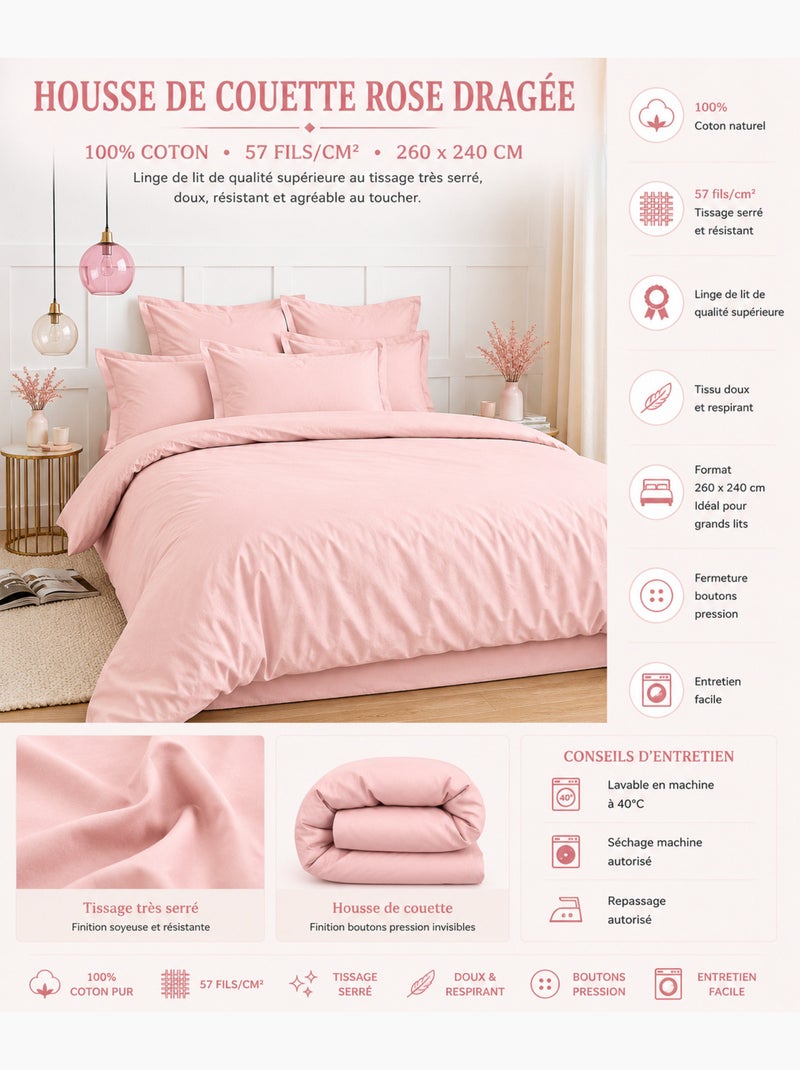 Housse de couette – 100% coton 57 fils/cm² – qualité supérieure Rose dragée - Kiabi