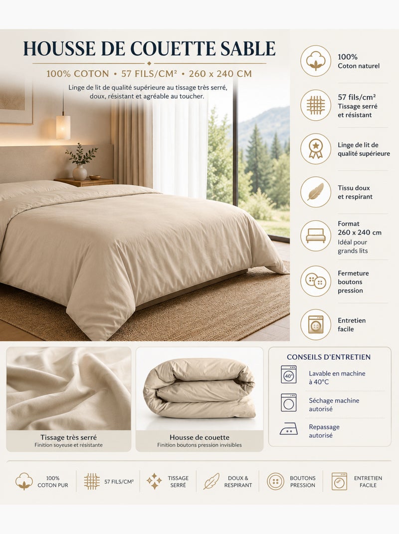 Housse de couette – 100% coton 57 fils/cm² – qualité supérieure Sable - Kiabi