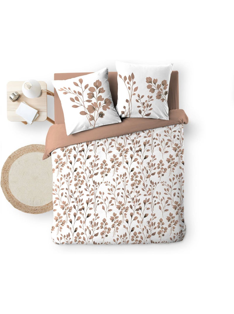 Housse de couette + 2 taies – coton 57 fils – imprimé végétal Moka - Kiabi
