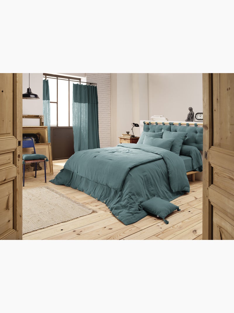 Housse de couette – double gaze de coton - finition boutons en bois - gaïa Bleu canard - Kiabi