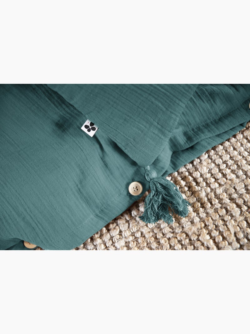 Housse de couette – double gaze de coton - finition boutons en bois - gaïa Bleu canard - Kiabi