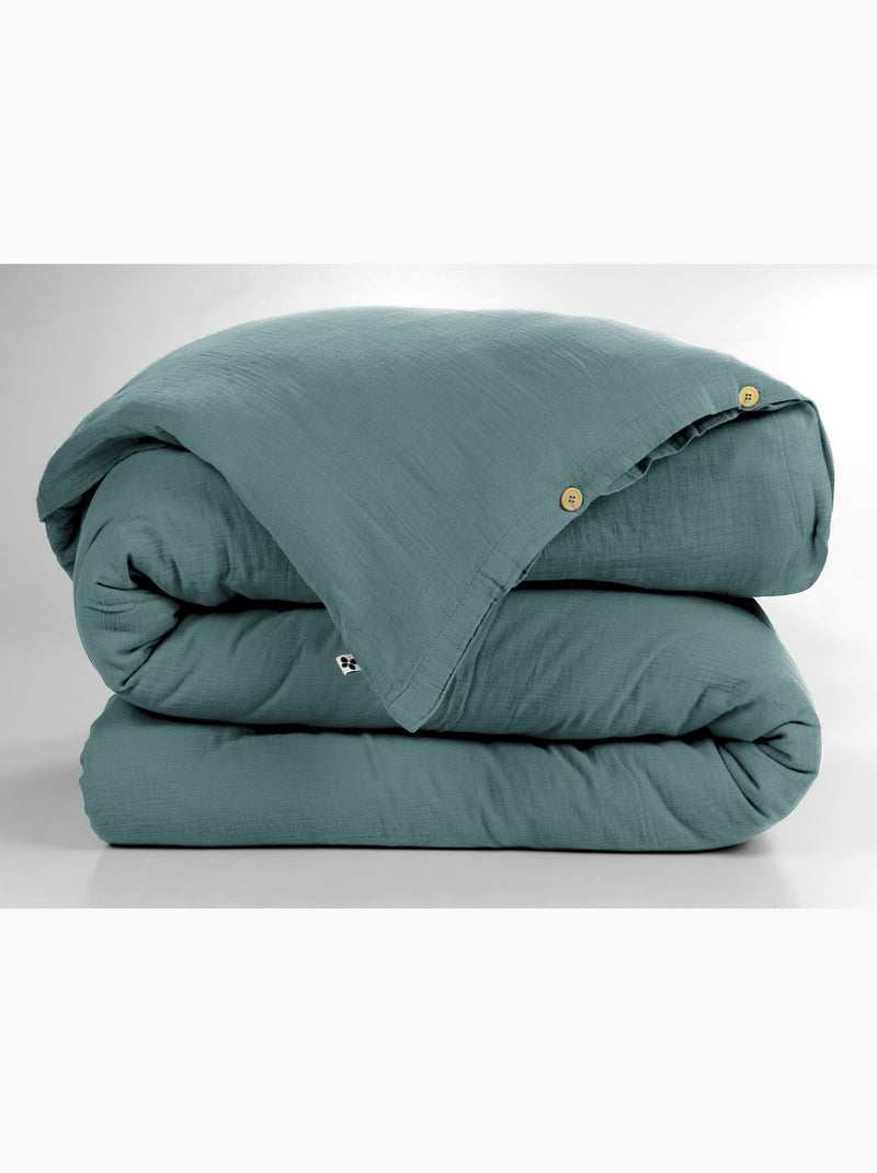 Housse de couette – double gaze de coton - finition boutons en bois - gaïa Bleu canard - Kiabi