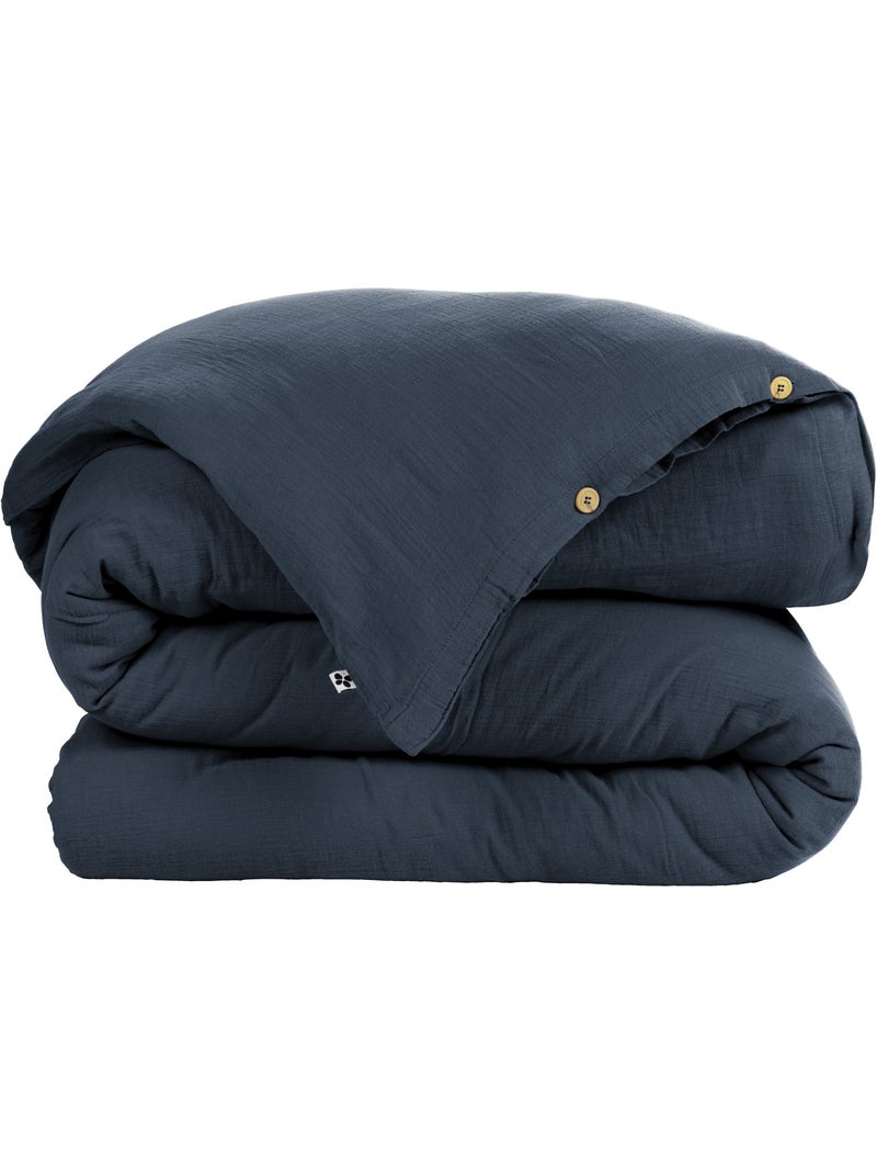 Housse de couette – double gaze de coton - finition boutons en bois - gaïa Bleu foncé - Kiabi
