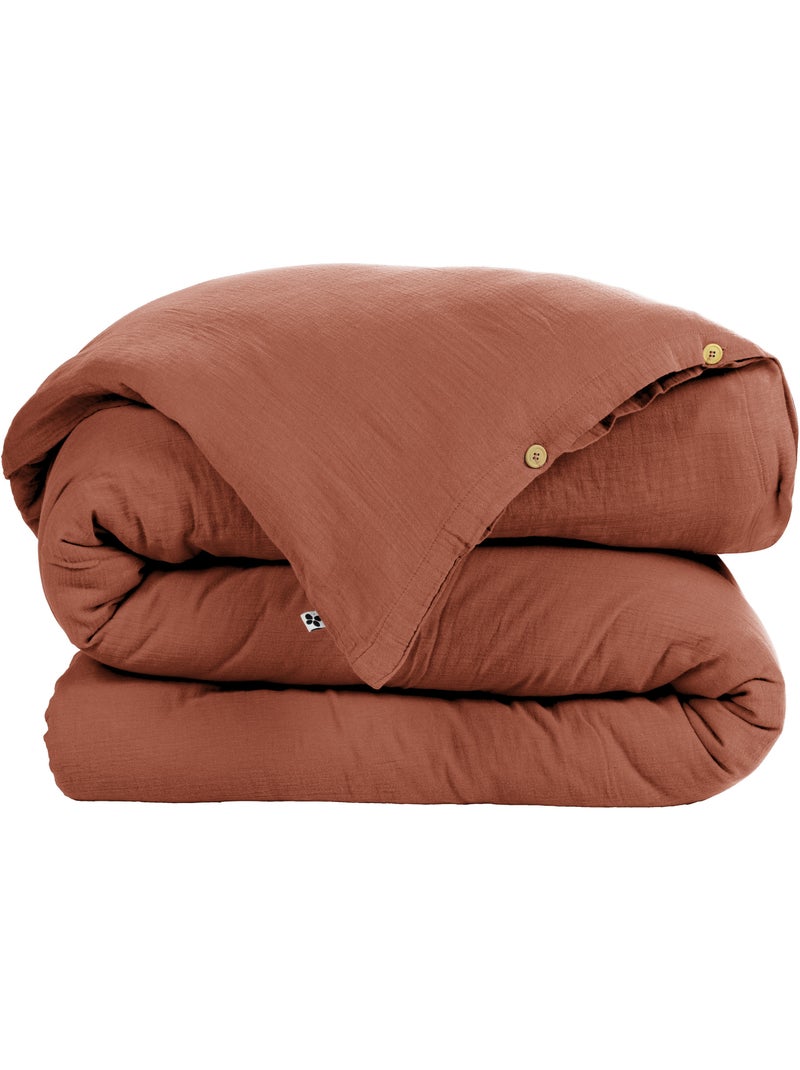 Housse de couette – double gaze de coton - finition boutons en bois - gaïa Terracotta - Kiabi