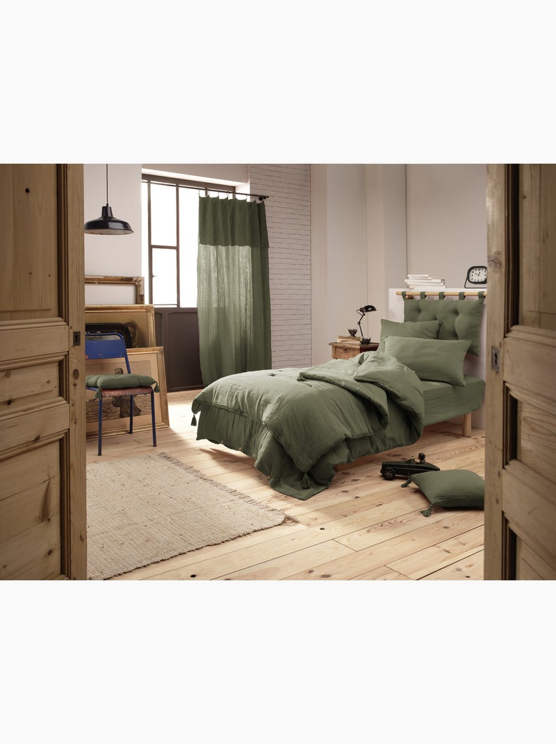 Housse de couette – double gaze de coton - finition boutons en bois - gaïa Vert romarin - Kiabi
