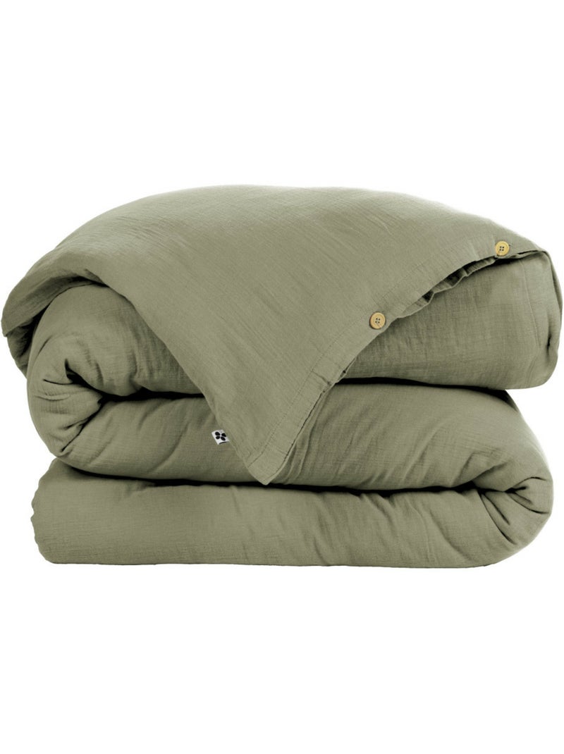 Housse de couette – double gaze de coton - finition boutons en bois - gaïa Vert romarin - Kiabi