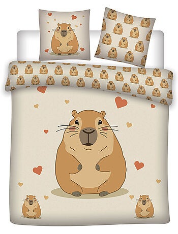 Housse de Couette Polycoton Capybara Kawaii 220x240cm + 2 Taies 65x65cm - Parure Coeurs Beige